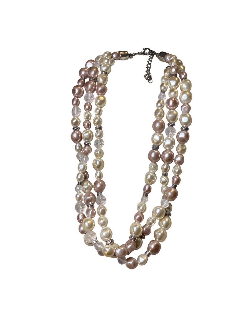 Triple Strand Pearl Necklace in Cream and Pink